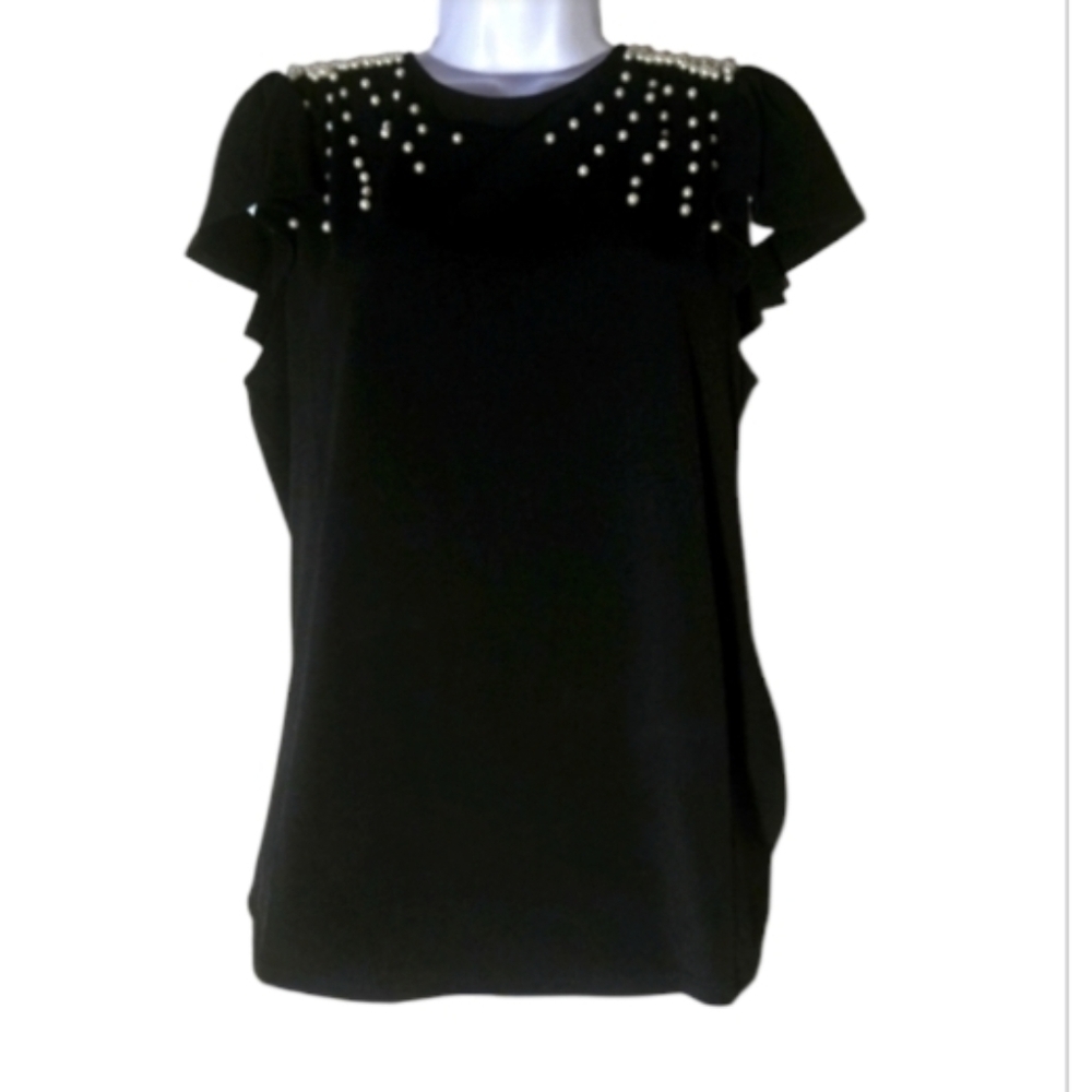 Adrianna Papell Blouse $69 Pearl Trim Black Top Business Casual Office NEW